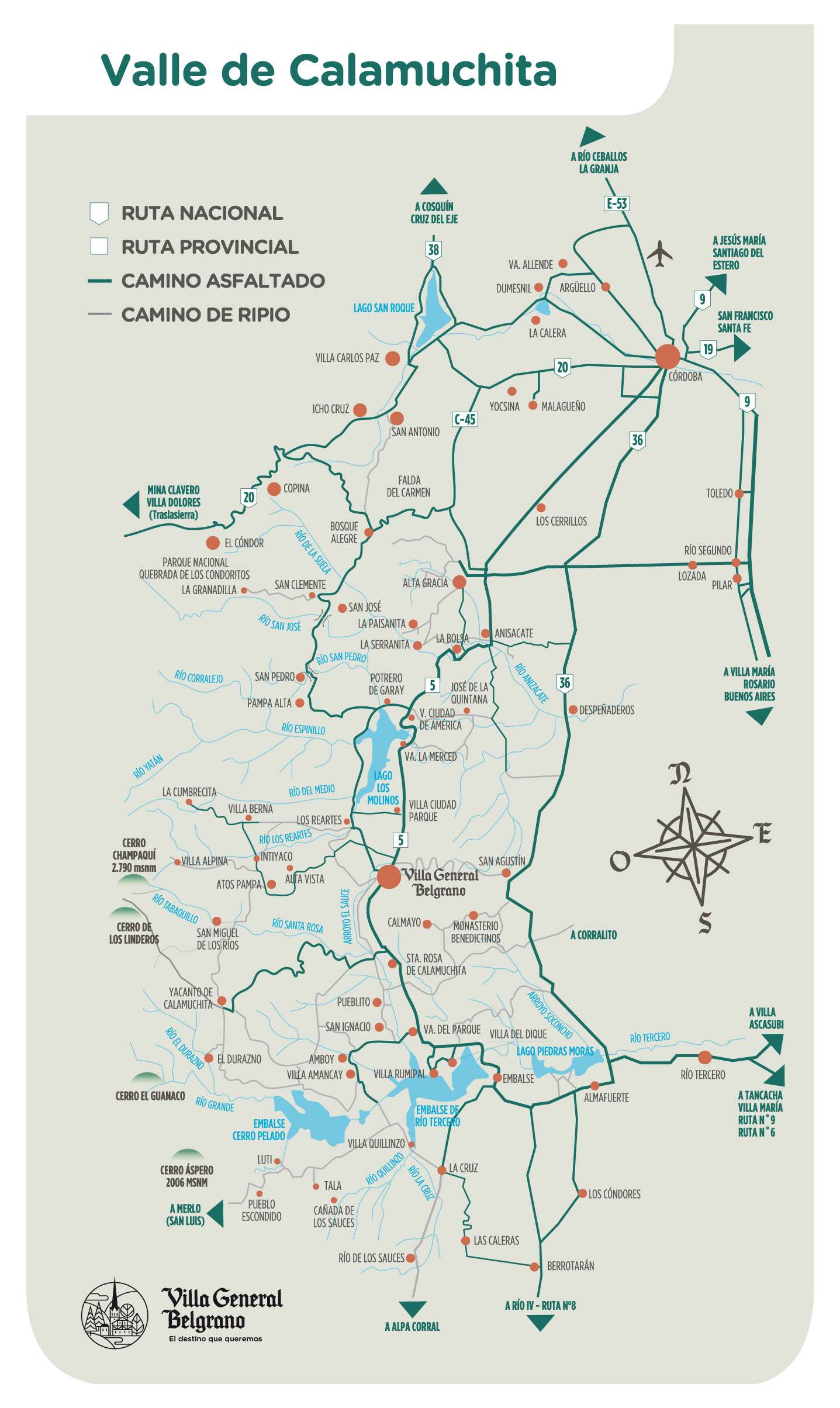 Mapa del Valle de Calamuchita con sus principales localidades